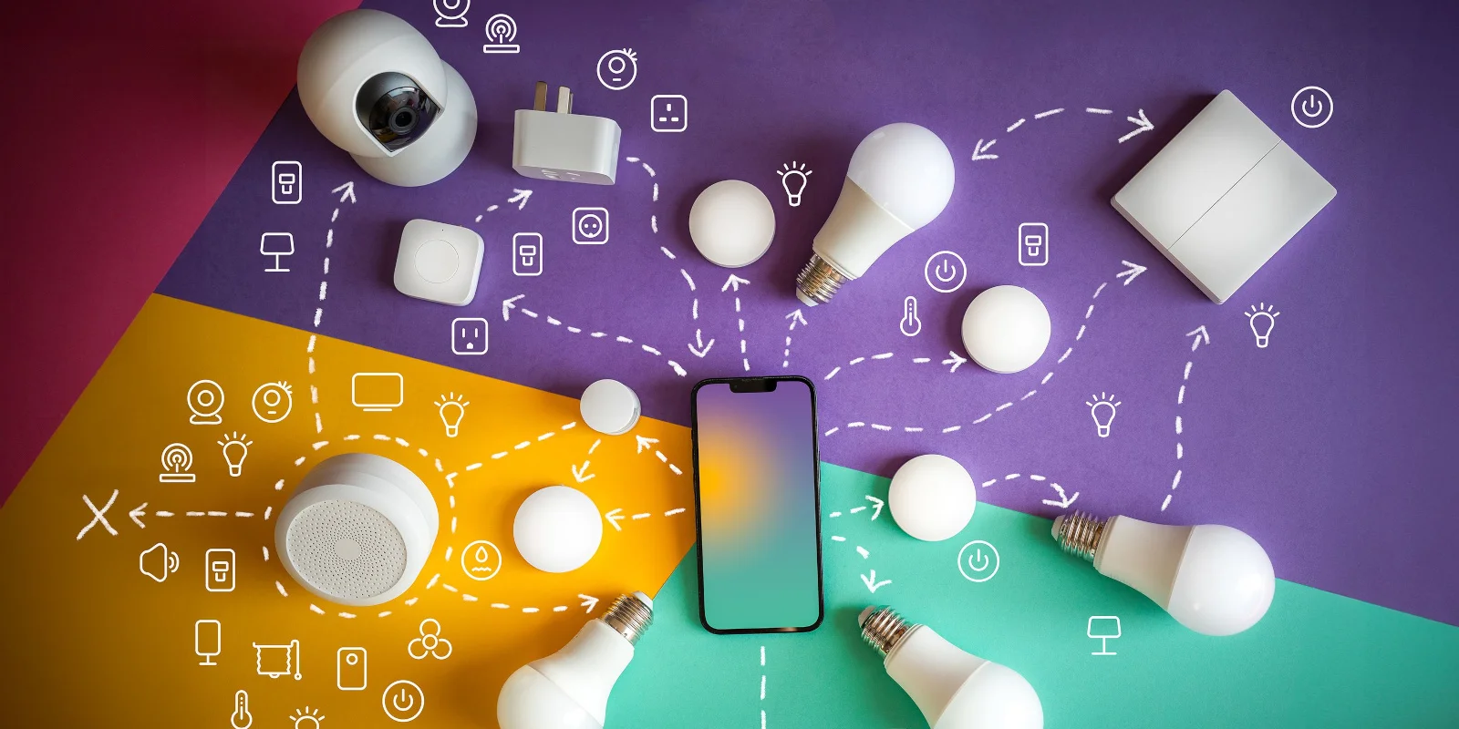 Smart home accessories arranged around a phone with illustrated connections